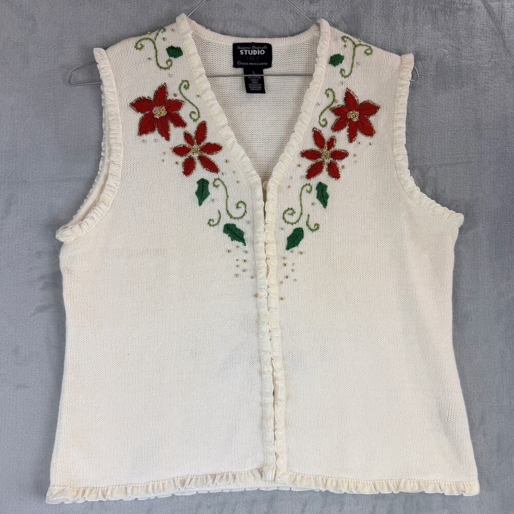 Studio Women‎ L Christmas Vest Creamy White Poinsettia Design